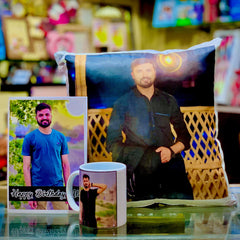 FASTSIDE Customized 3-Piece Gift Set – Mug, Cushion & Folding Card with Your Photos & Name