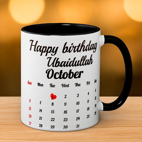 Customized Colour Mug with Photo, Name & Birthday Calendar Print