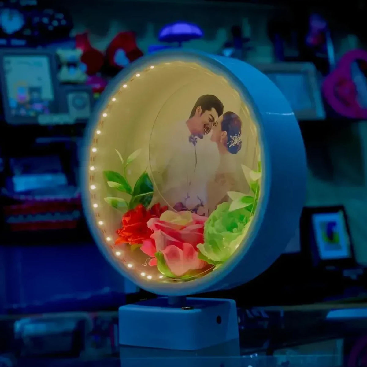 Customized Round Shape LED Photo Frame with Flowers Desing