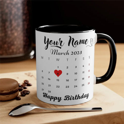 Customized Colour Mug with Photo, Name & Birthday Calendar Print