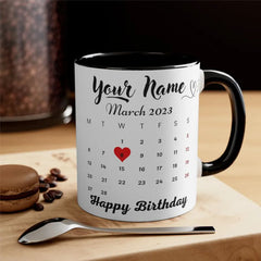 Customized Colour Mug with Photo, Name & Birthday Calendar Print