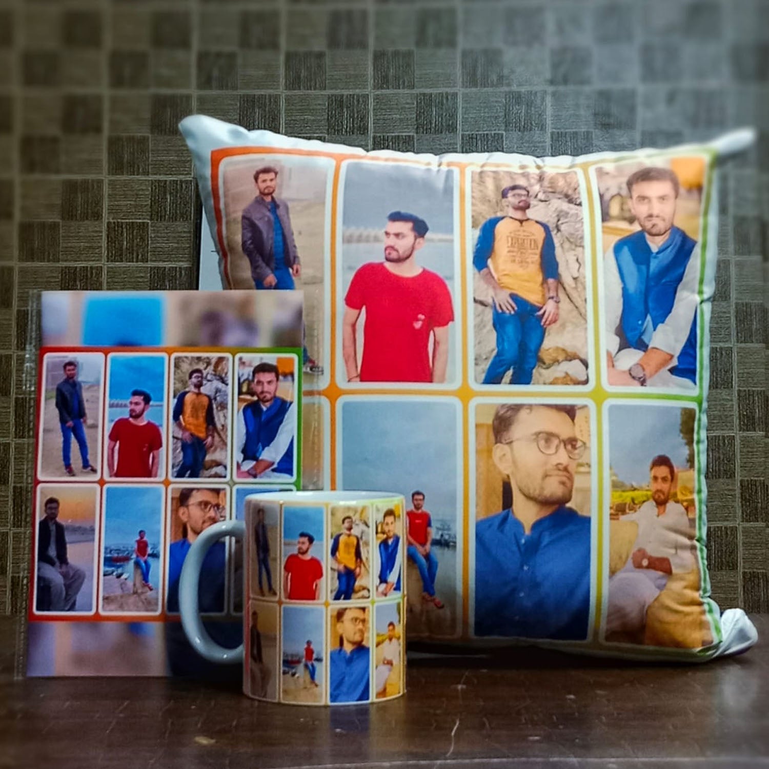 FASTSIDE Customized 3-Piece Gift Set – Mug, Cushion & Folding Card with Your Photos & Name