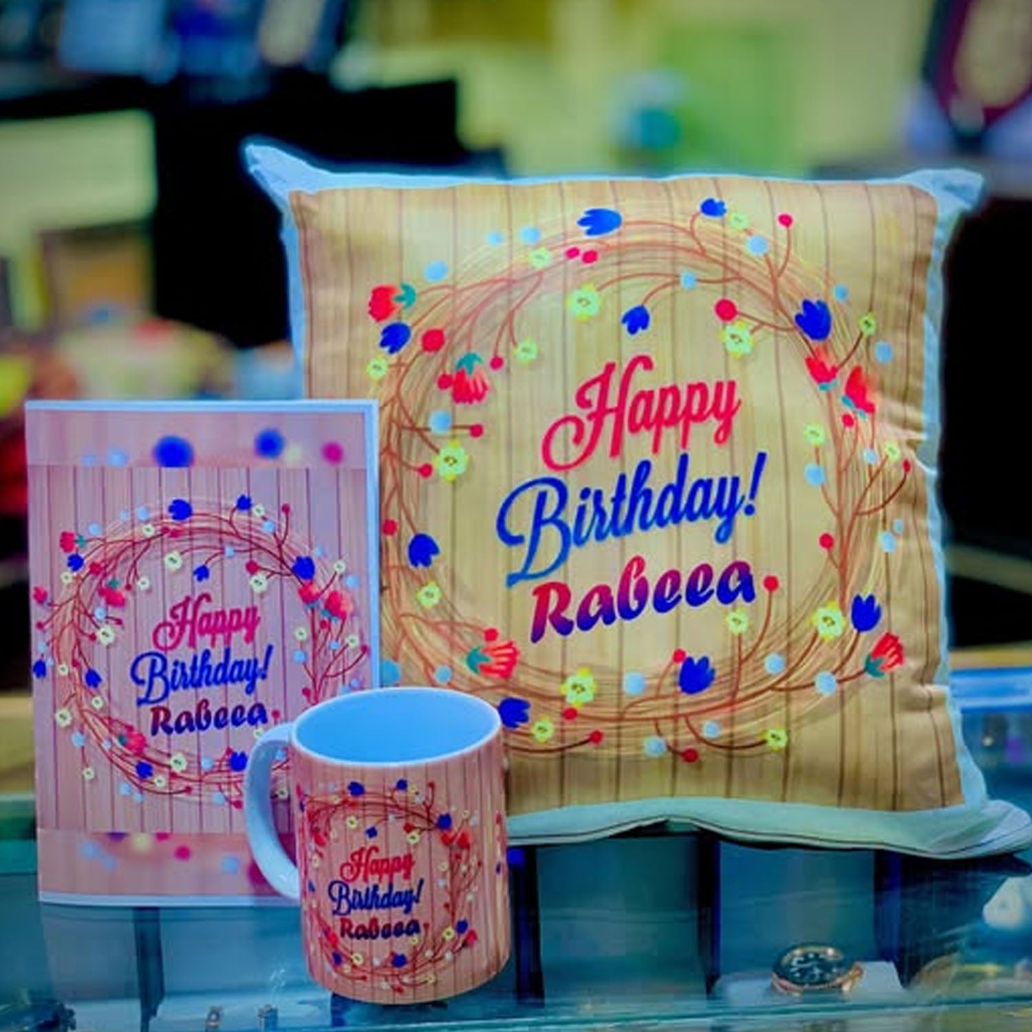 FASTSIDE Customized 3-Piece Gift Set – Mug, Cushion & Folding Card with Your Photos & Name