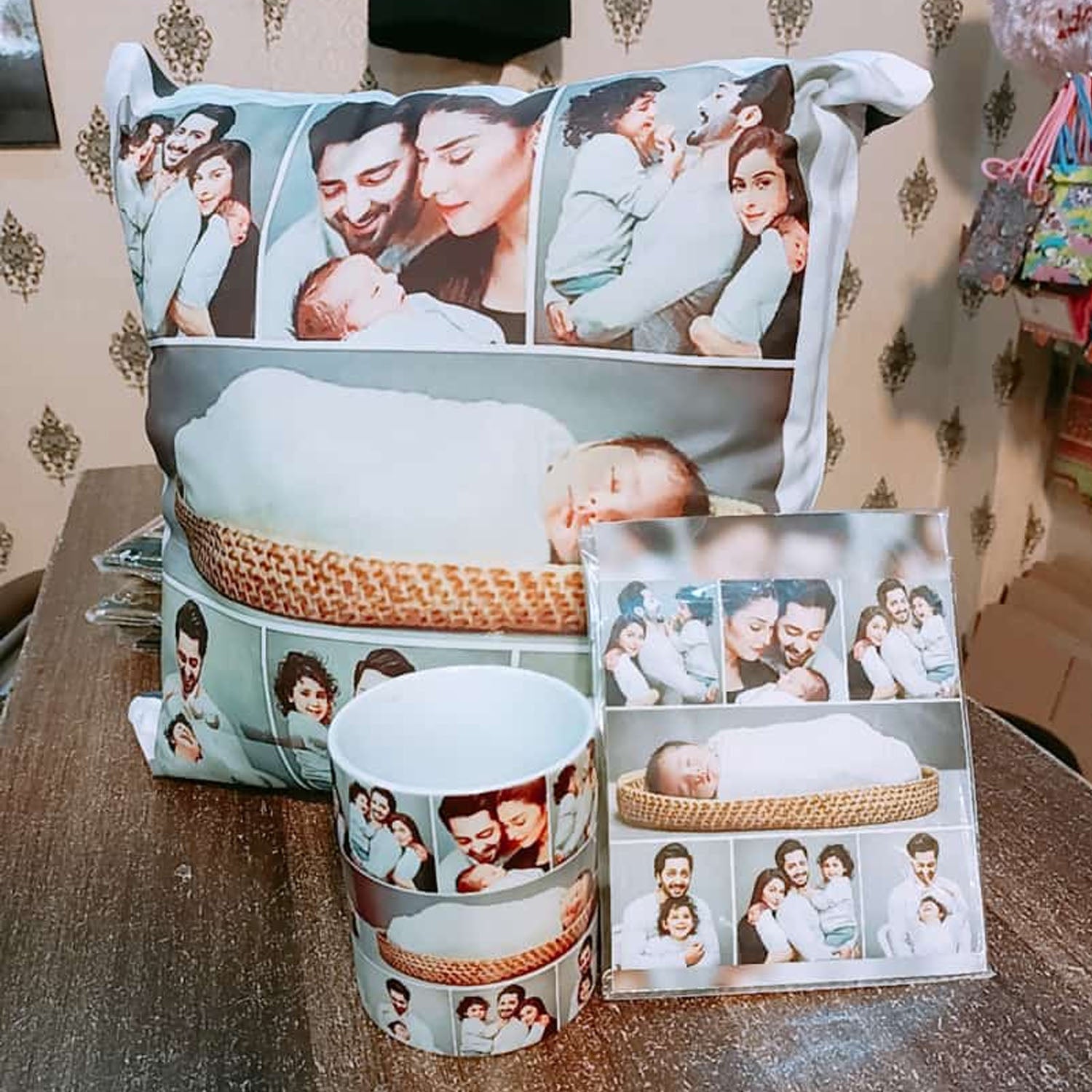 FASTSIDE Customized 3-Piece Gift Set – Mug, Cushion & Folding Card with Your Photos & Name