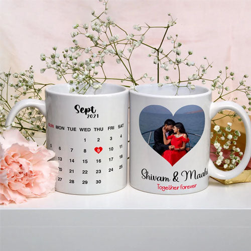 Customized White Mug with Photo, Name & Birthday Calendar Print