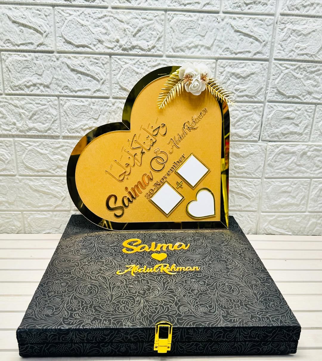 Customized Heart Shaped Nikah Thumb Impression Board with Elegant Flower Design & Premium Box