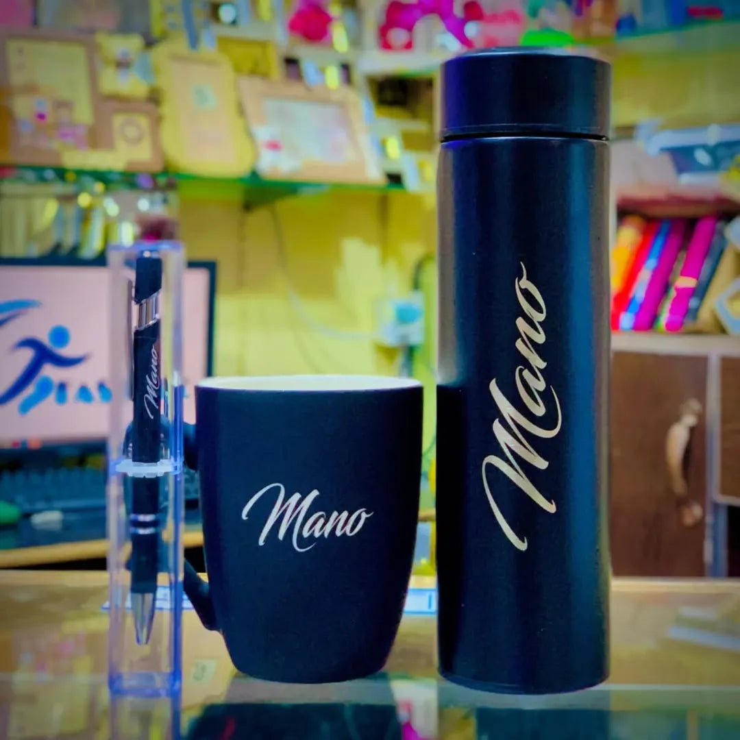 Customized 3Pes Deal Mat Mug Matel Pen Temperature Display Water Bottle With Laser Name Print