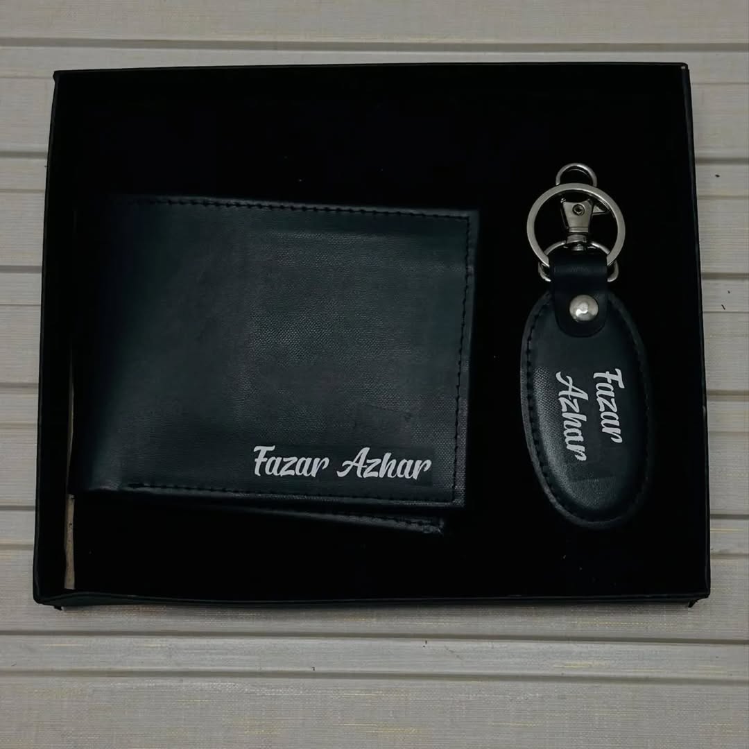 Customized Leather Wallet & Keychain Gift Set with Name Engraving – Perfect for Him