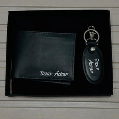 Customized Leather Wallet & Keychain Gift Set with Name Engraving – Perfect for Him