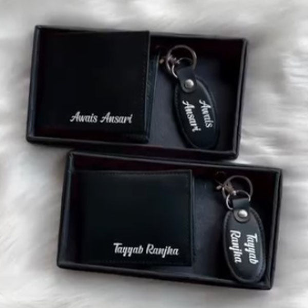 Customized Leather Wallet & Keychain Gift Set with Name Engraving – Perfect for Him
