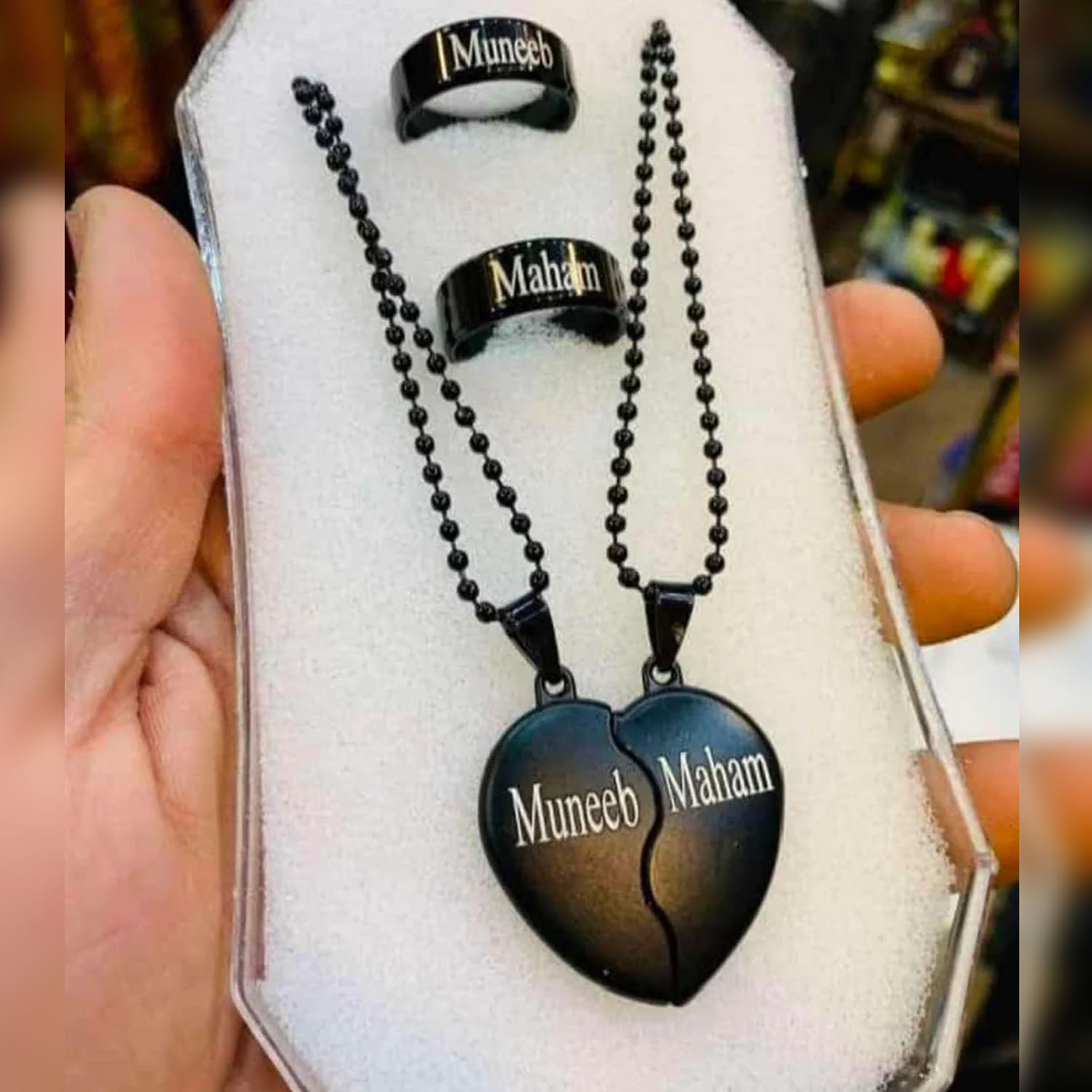 Customized Metal Couple Locket with Matching Rings (Laser Name Engraving)