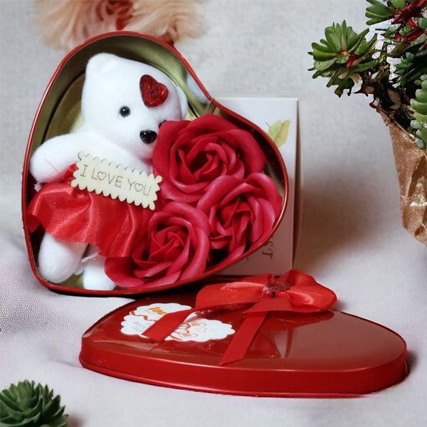 Premium Heart Tin Box Gift for Valentines Day Birthday Anniversary Teddy with Flowers Birthday Gift – Gift For Your Love One – Gift for couple – gift for birthday