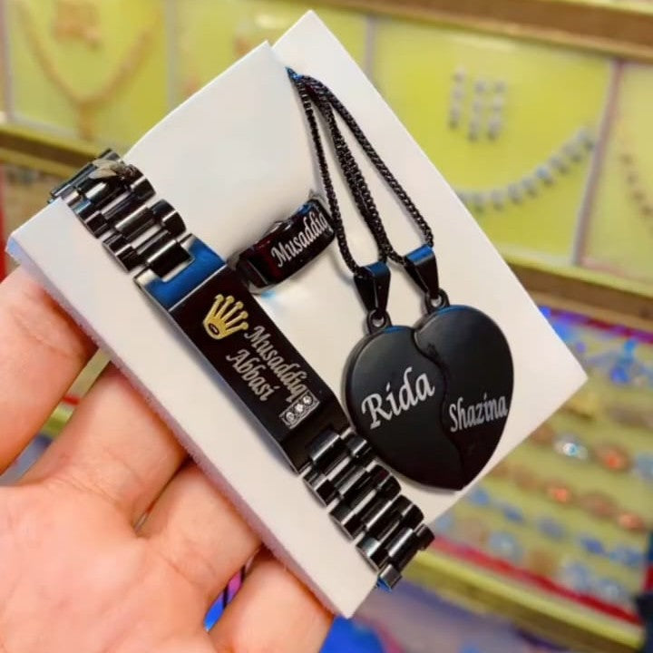 Customized Couple Gift Set – Bracelet, Ring & Heart Necklace with Name Engraving