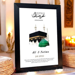 Customized Umrah Mubarak Wooden Photo Frame – Custom Name & Date Islamic Gift (8x12)